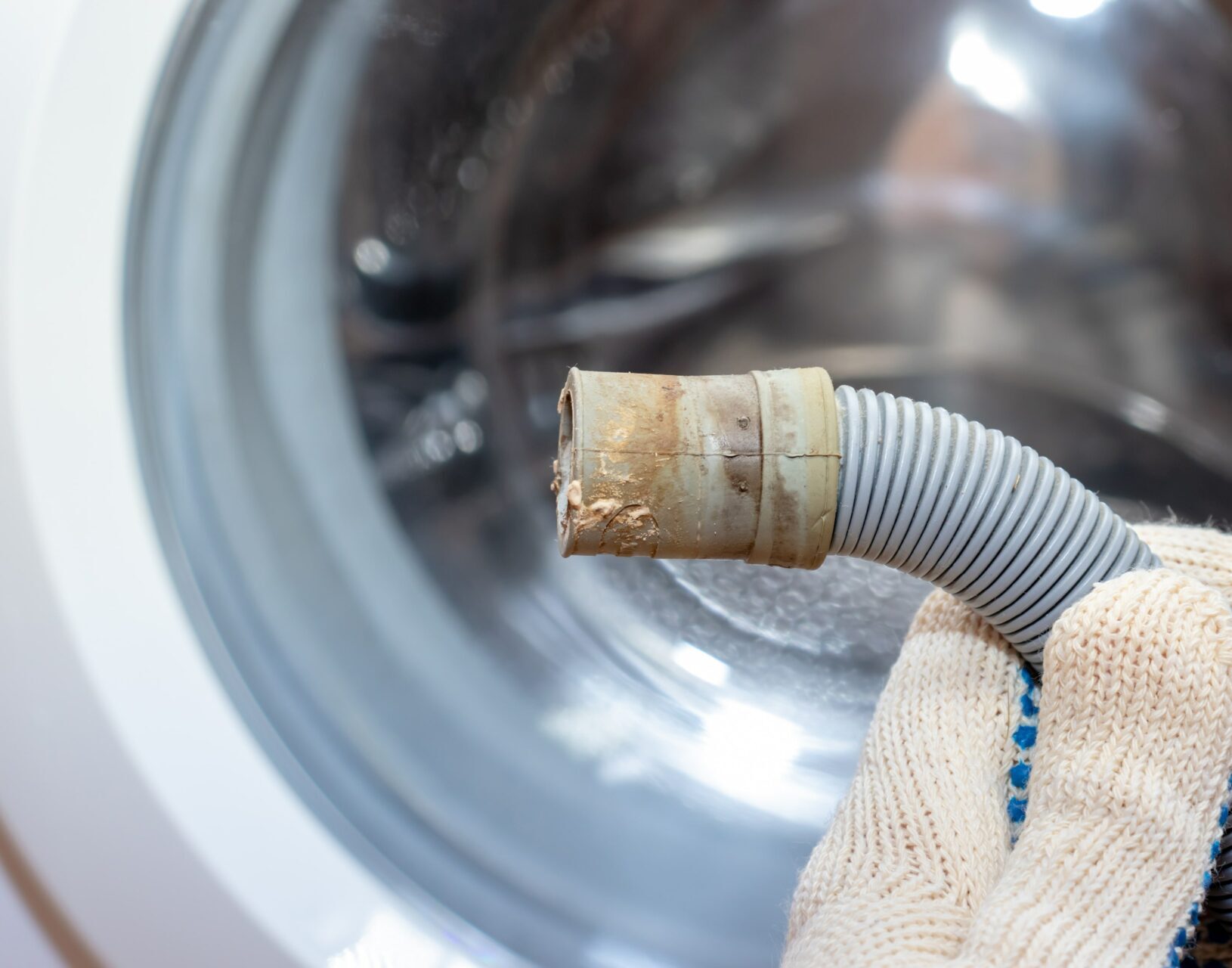Hand of a plumber holding a broken flexible drain hose of washing machine, clogged and covered with lime scale, dirt limescale and rust.