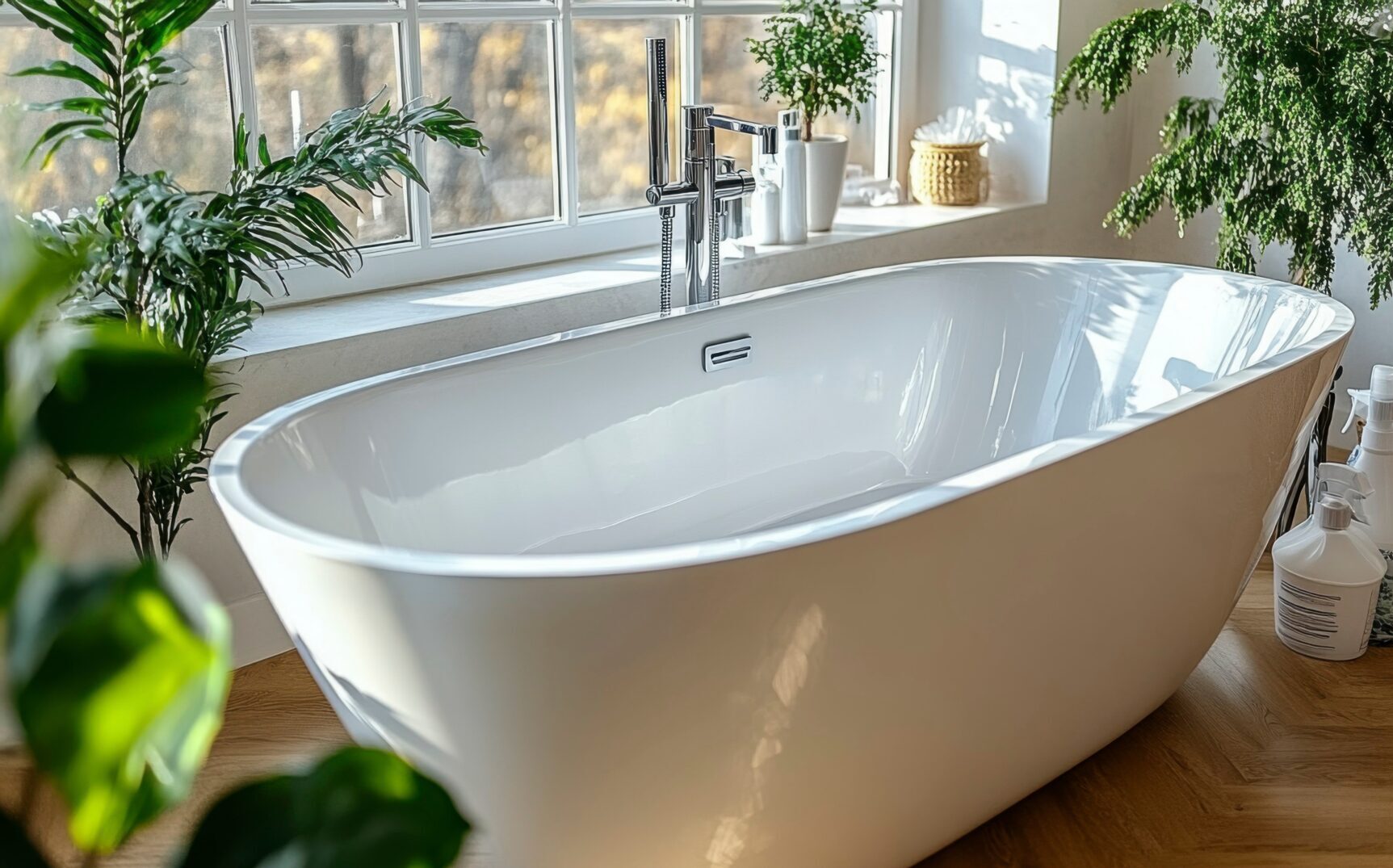 A close-up of a bathtub surrounded by cleaning supplies, with the sparkling clean surface demonstrating the results of a thorough, meticulous clean.