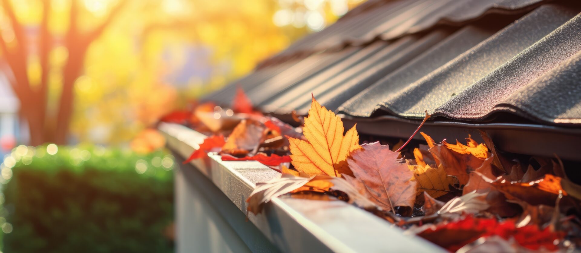 Metal gutter clogged with leaves on a house.