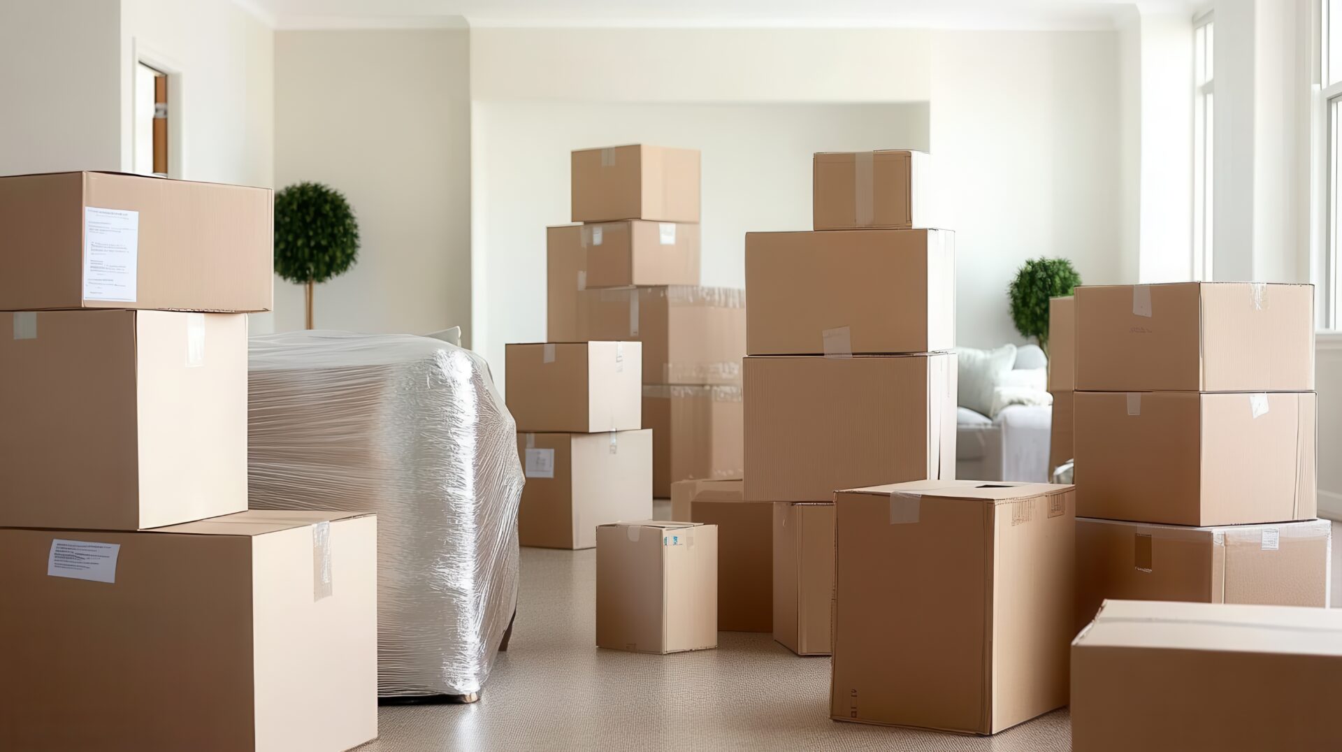 Large room filled with moving boxes in preparation for a move