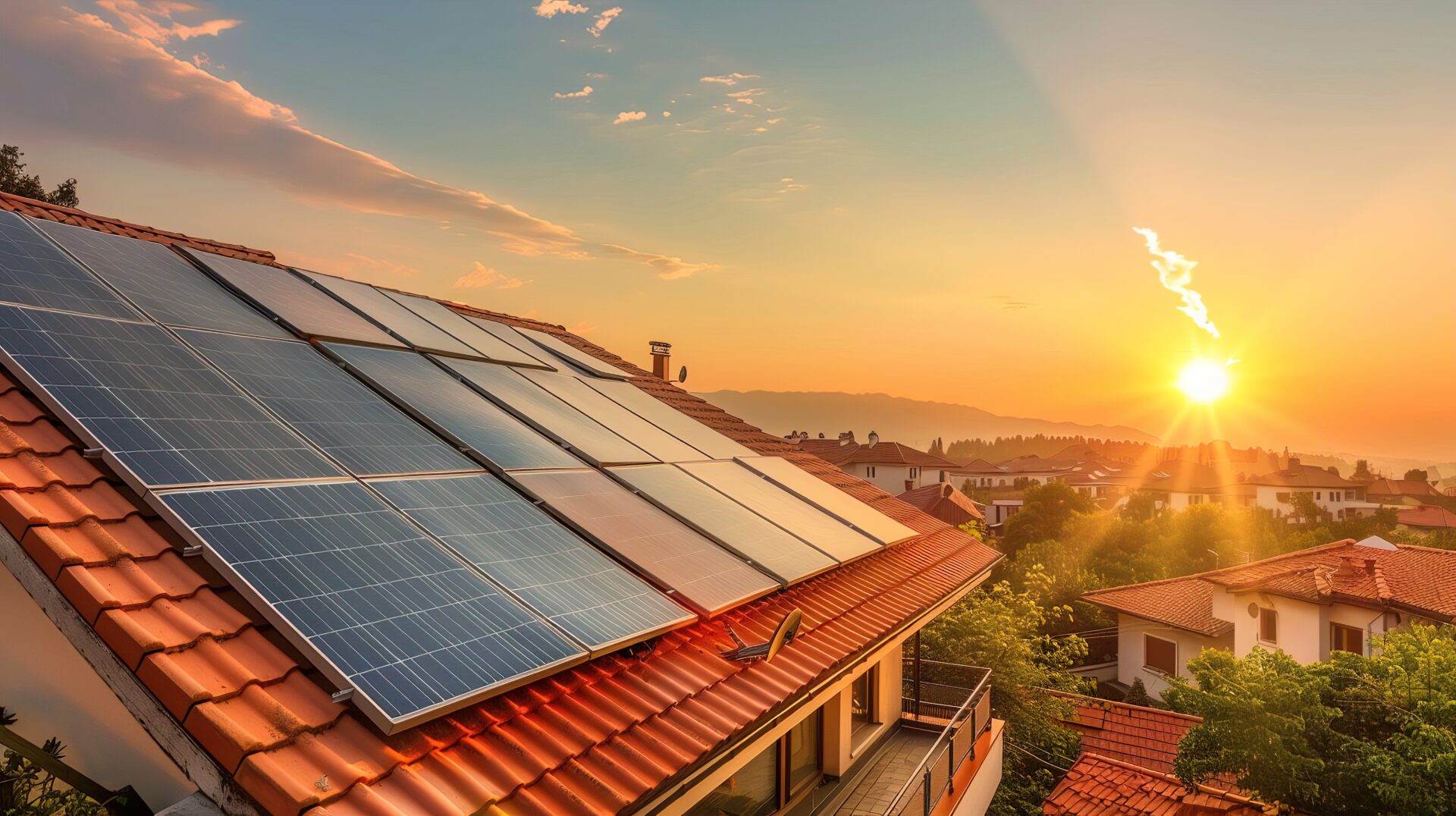 sunset overlooking a house with solar panels