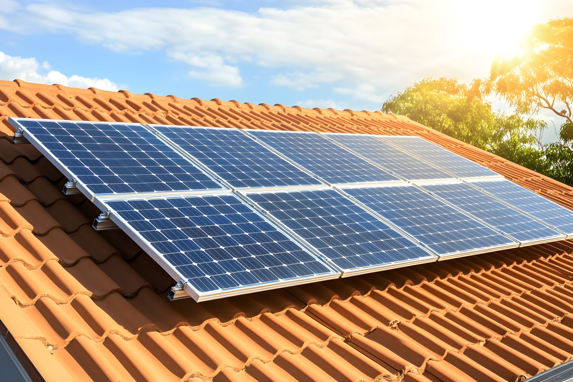 Residential solar panels rooftop installation sunny day