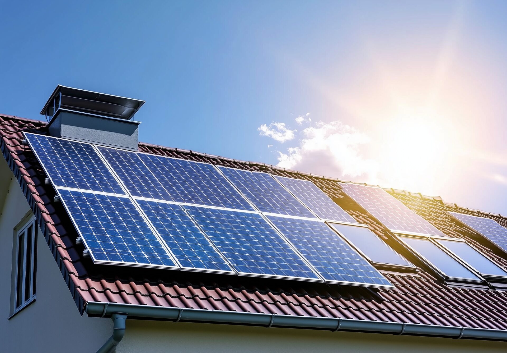 Photo of solar panels on the roof on a sunny day, a photovoltaic installation and a modern house with a red tile roof, the sun shining through the sky, against a blue background.