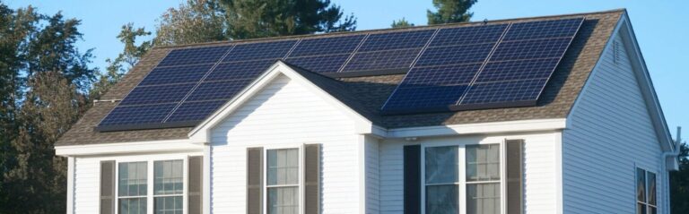 A traditional white house with black shutters and solar panels on the roof.