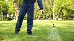 A pest control specialist wearing a navy blue jumpsuit uses a black wand to spray pest control solution on a bright green yard.