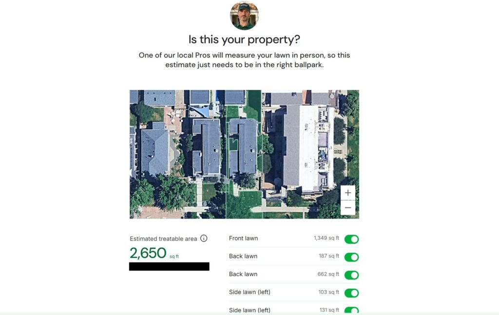 Screenshot of the TruGreen online quote tool