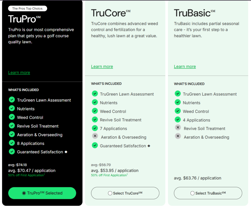 Screenshot of the TruGreen online quote tool