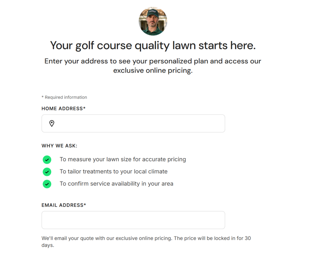 Screenshot of the TruGreen online quote tool