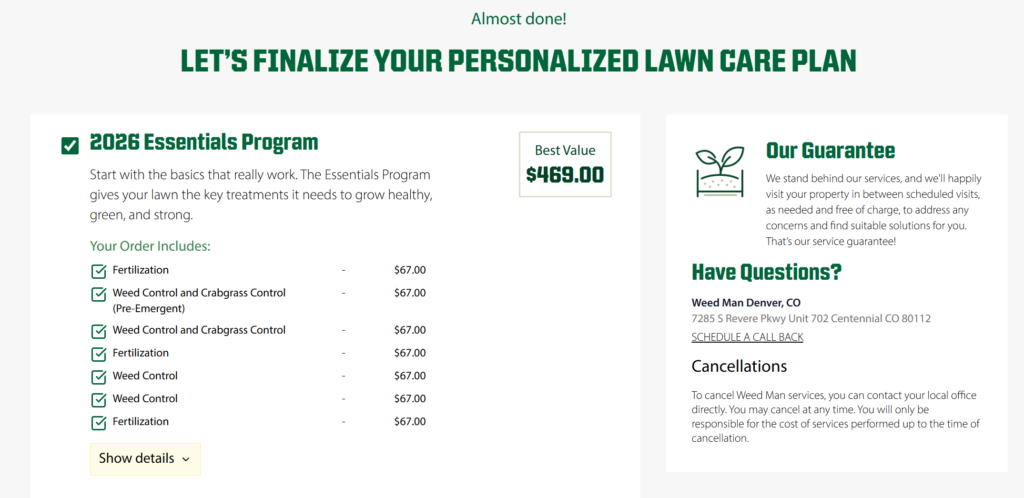 Screenshot of the Weed Man online quote tool