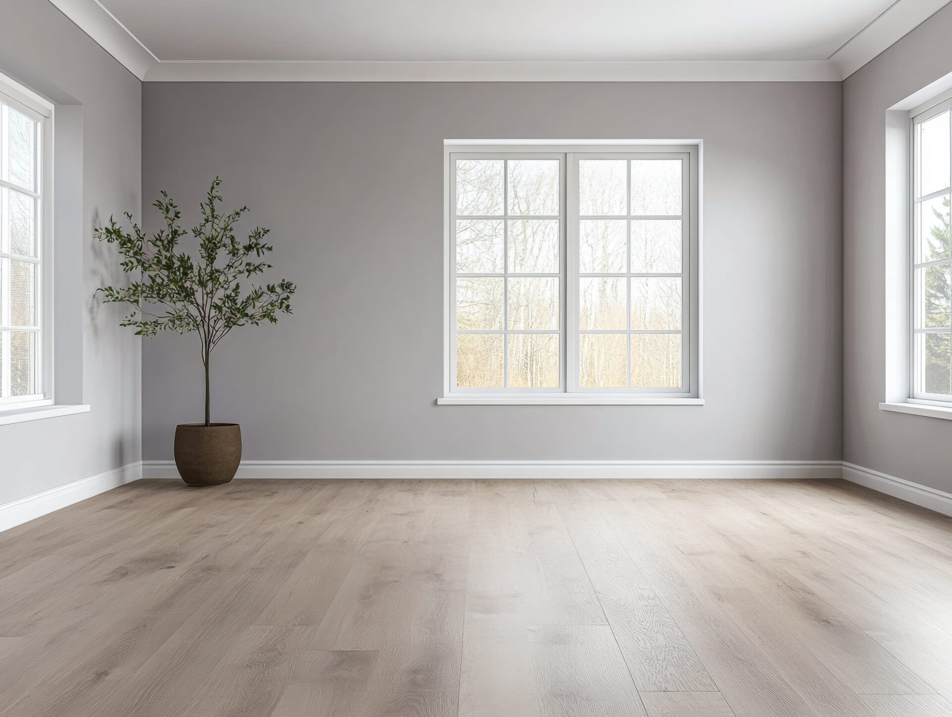 Two replacement windows with white trim in a gray room.