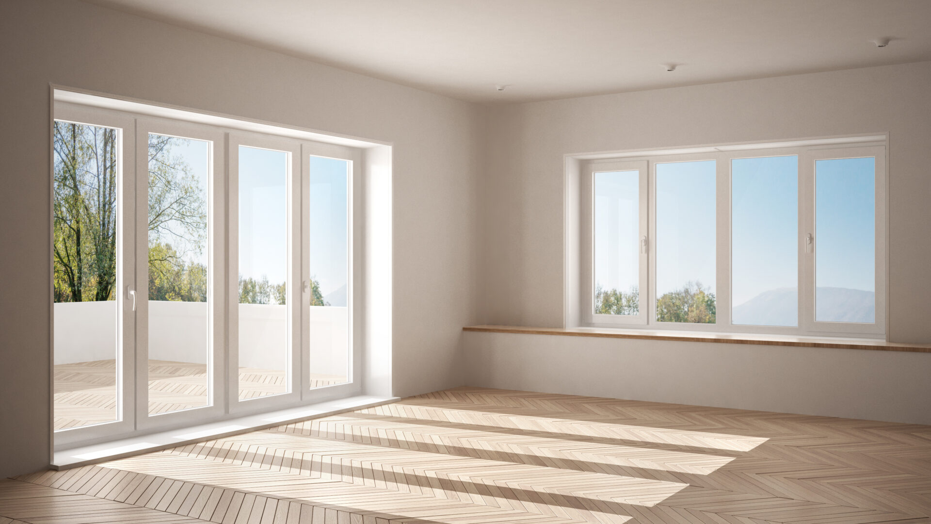 Large replacement windows in a home interior.
