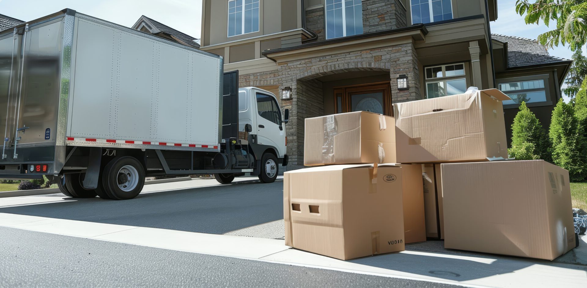 A moving truck and cardboard boxes in a driveway, ready for a move in Vermont