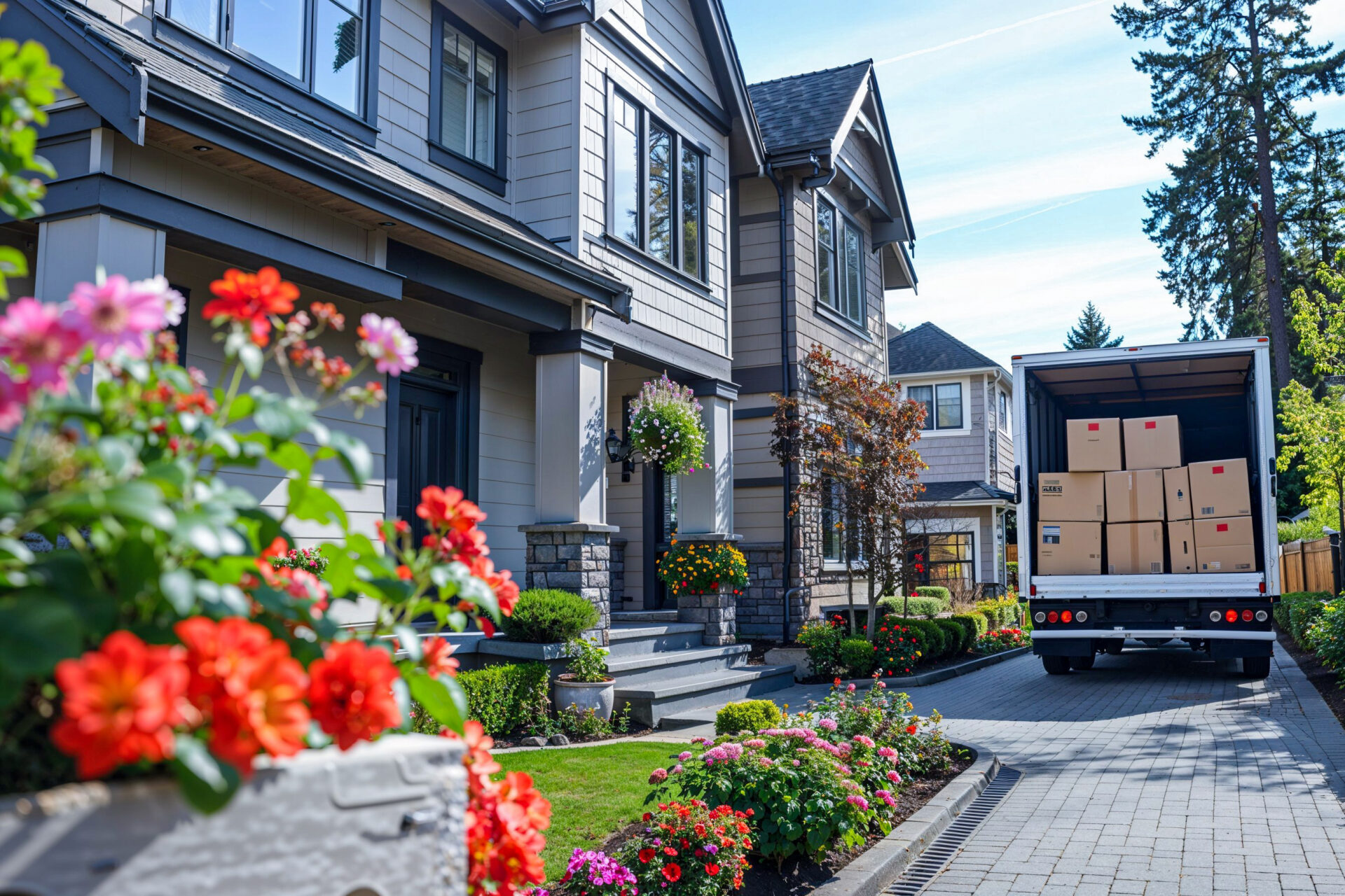 Open moving truck with cardboard boxes parked in driveway in front of new suburban home in Kansas