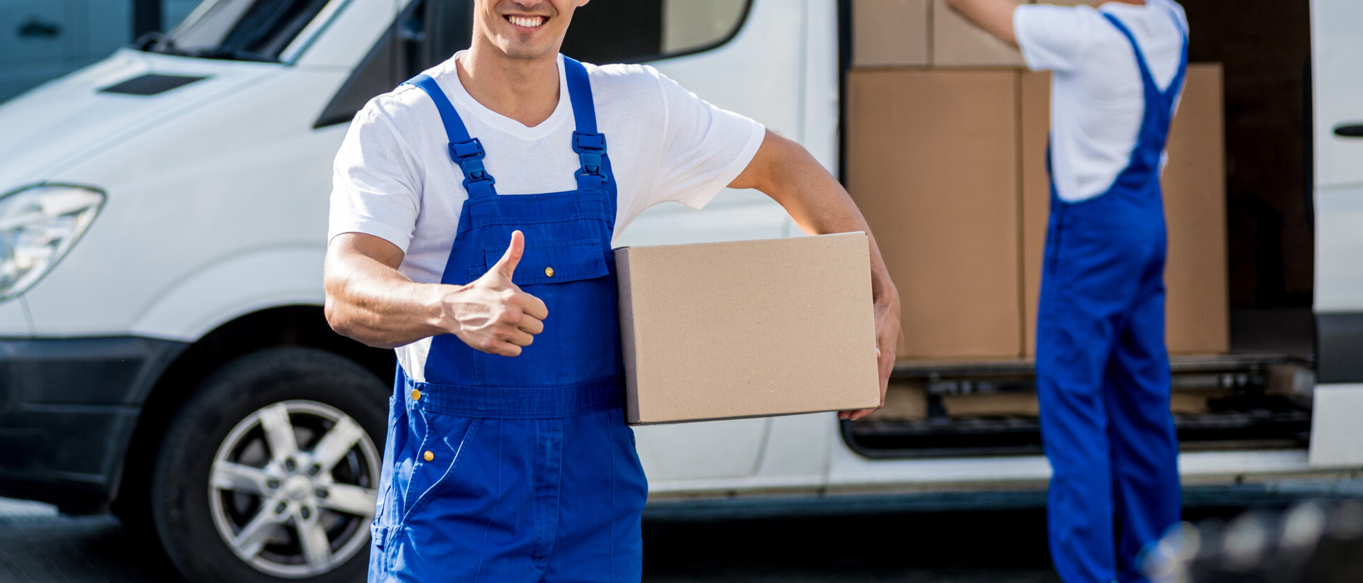 professional movers loading a truck with moving boxes