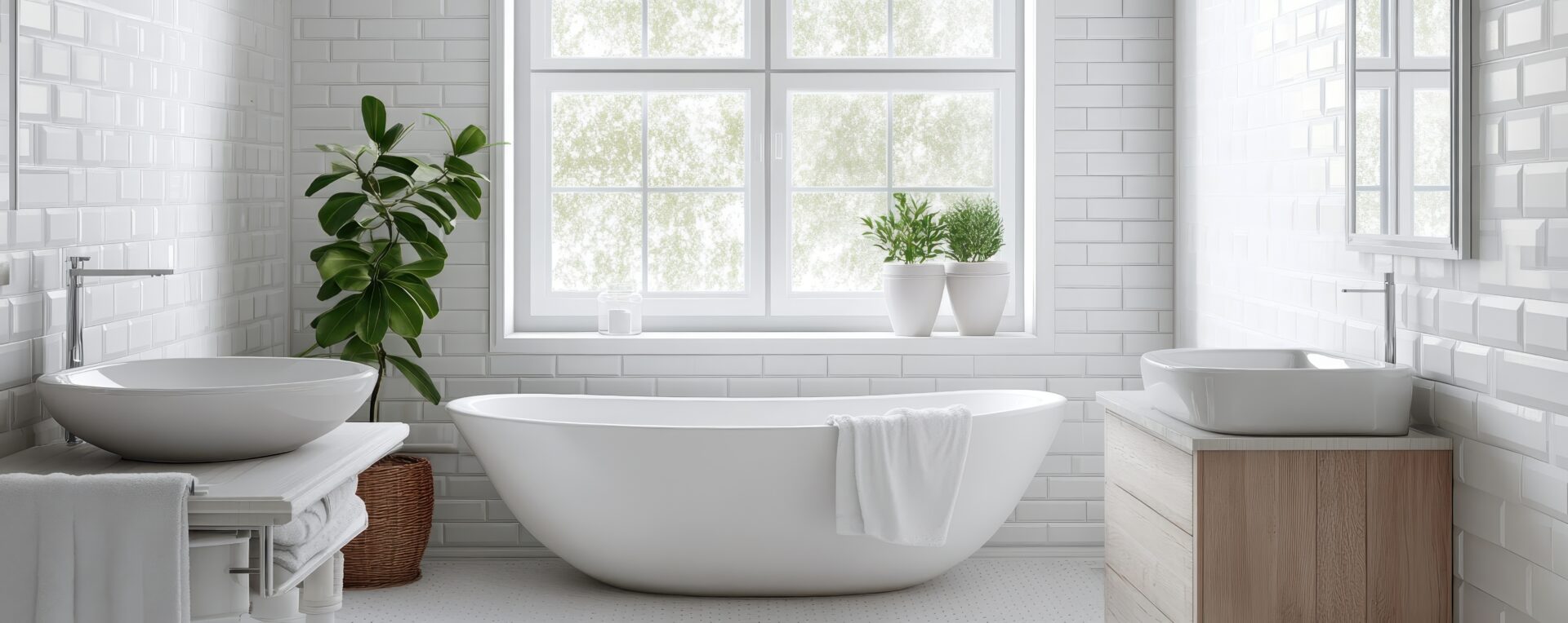 Bright modern bathroom with a freestanding bathtub, potted plants, white tiled walls, large window, and wooden vanity units.