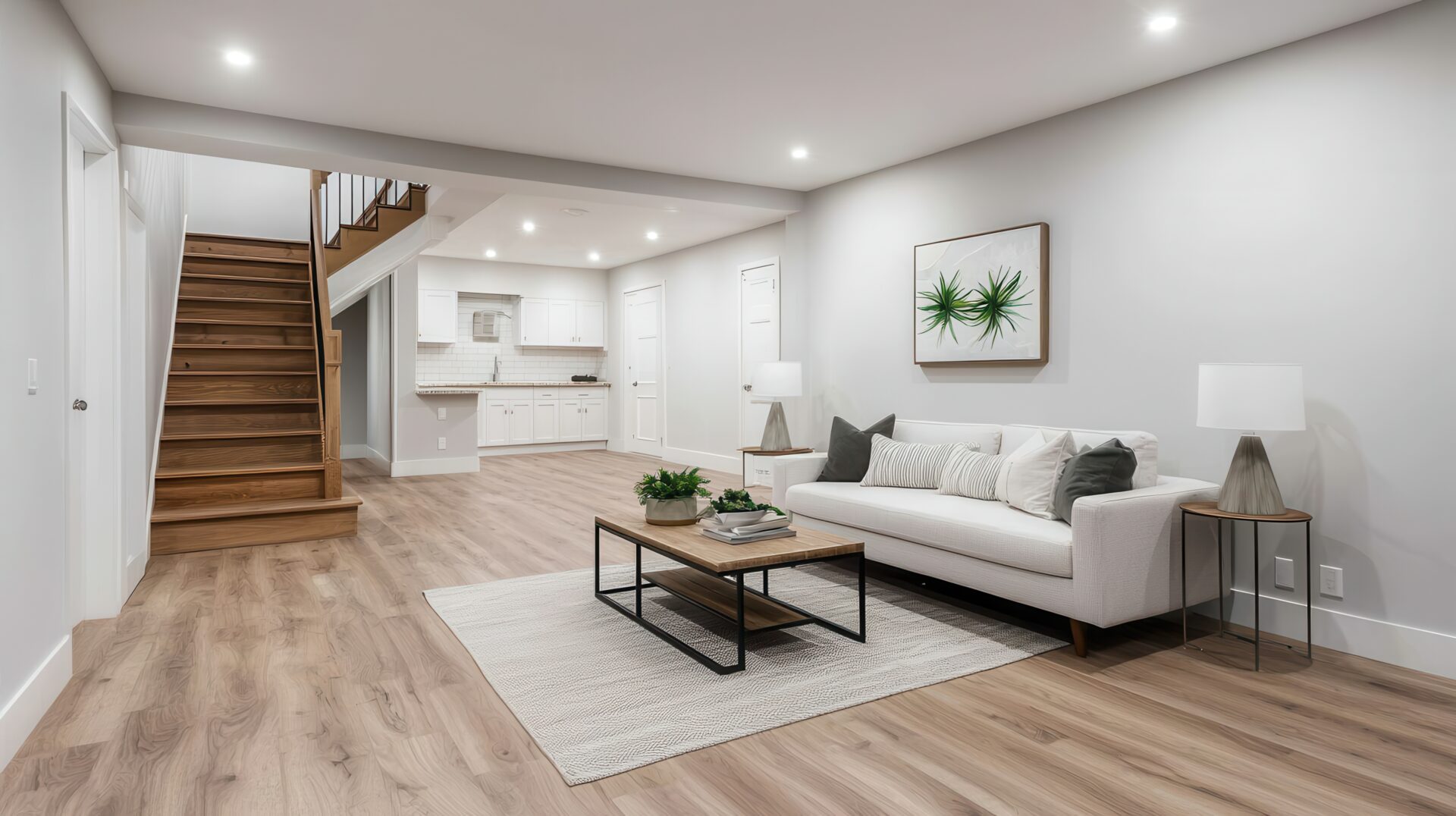 Image of a finished basement with a couch and kitchenette.