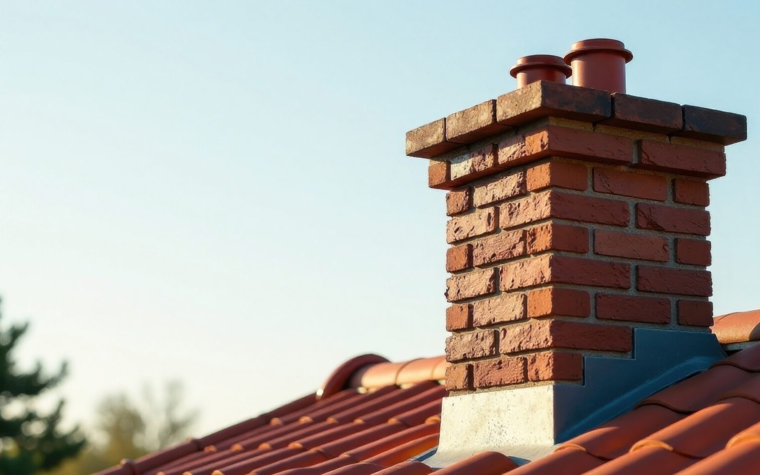 A newly constructed brick chimney proudly stands atop a terracotta tiled roof under a serene, clear sky