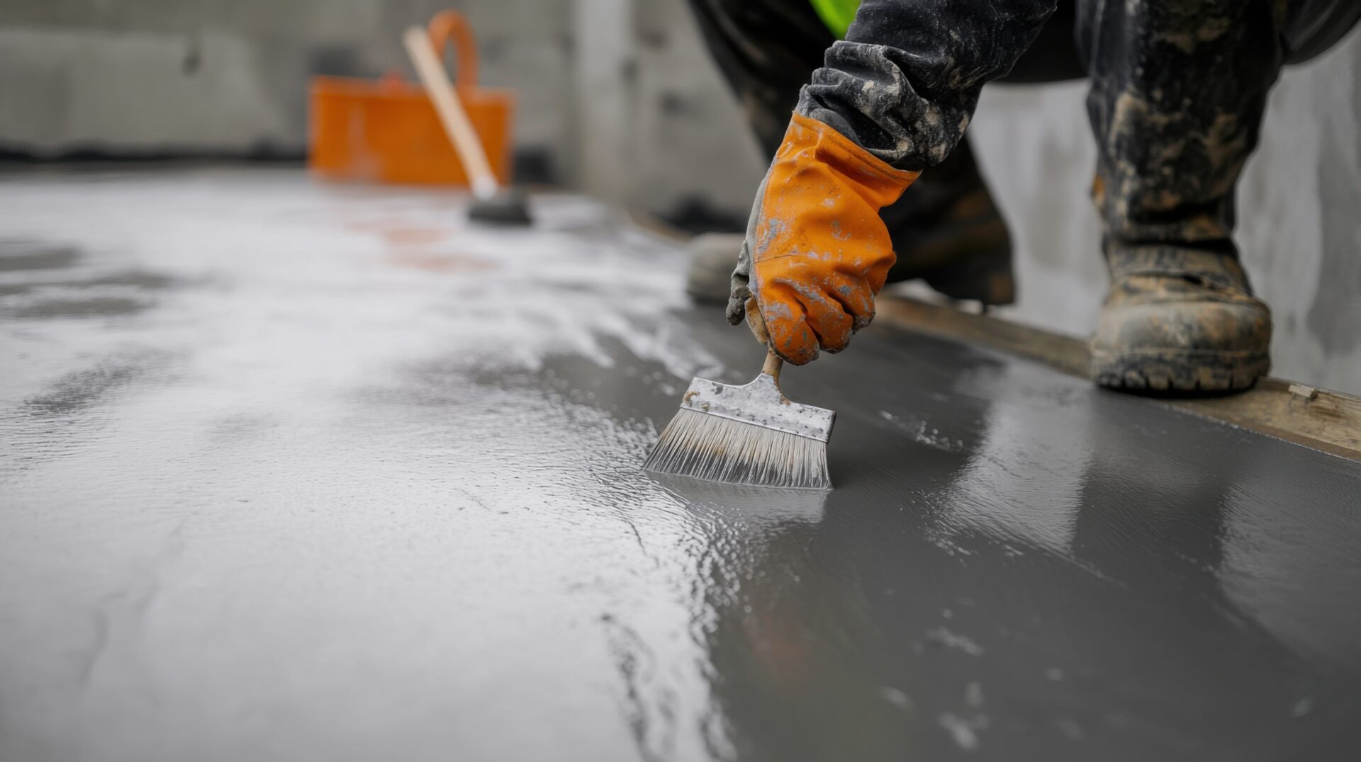 A construction worker applying waterproof sealant to a foundation