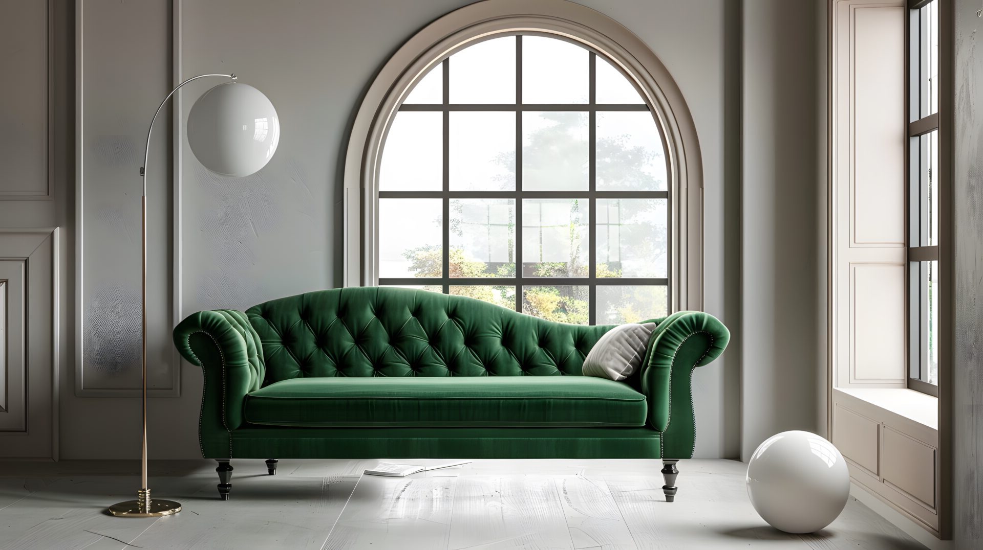 Vibrant green velvet sofa against arched window near ball floor lamp and stone cladding wall. Mediterranean style home interior design of modern living room.
