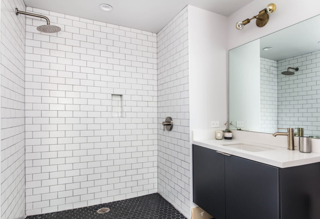 modern bathroom interior with shower and tiles