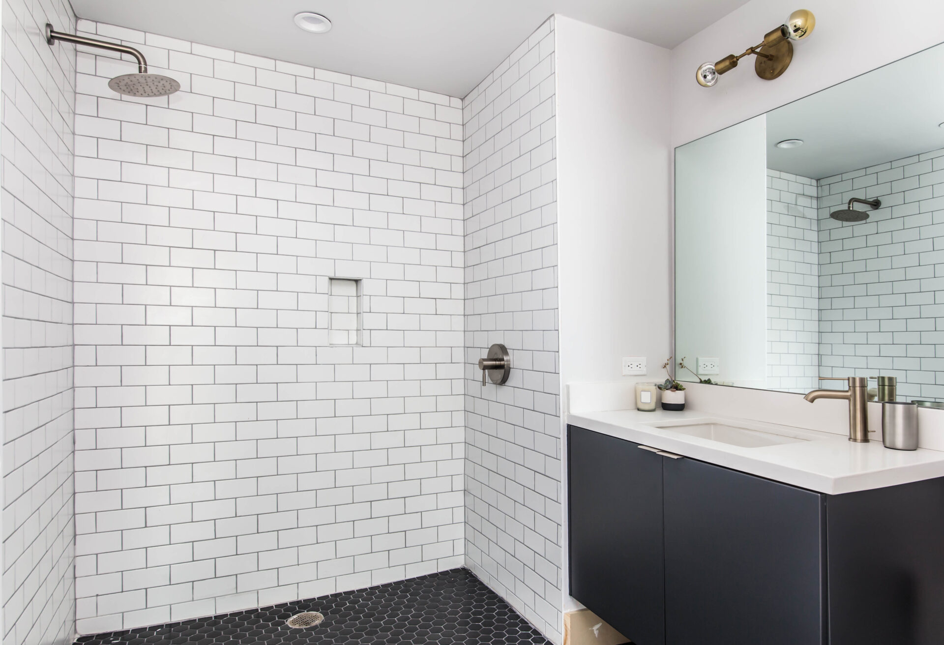 modern bathroom interior with shower and tiles