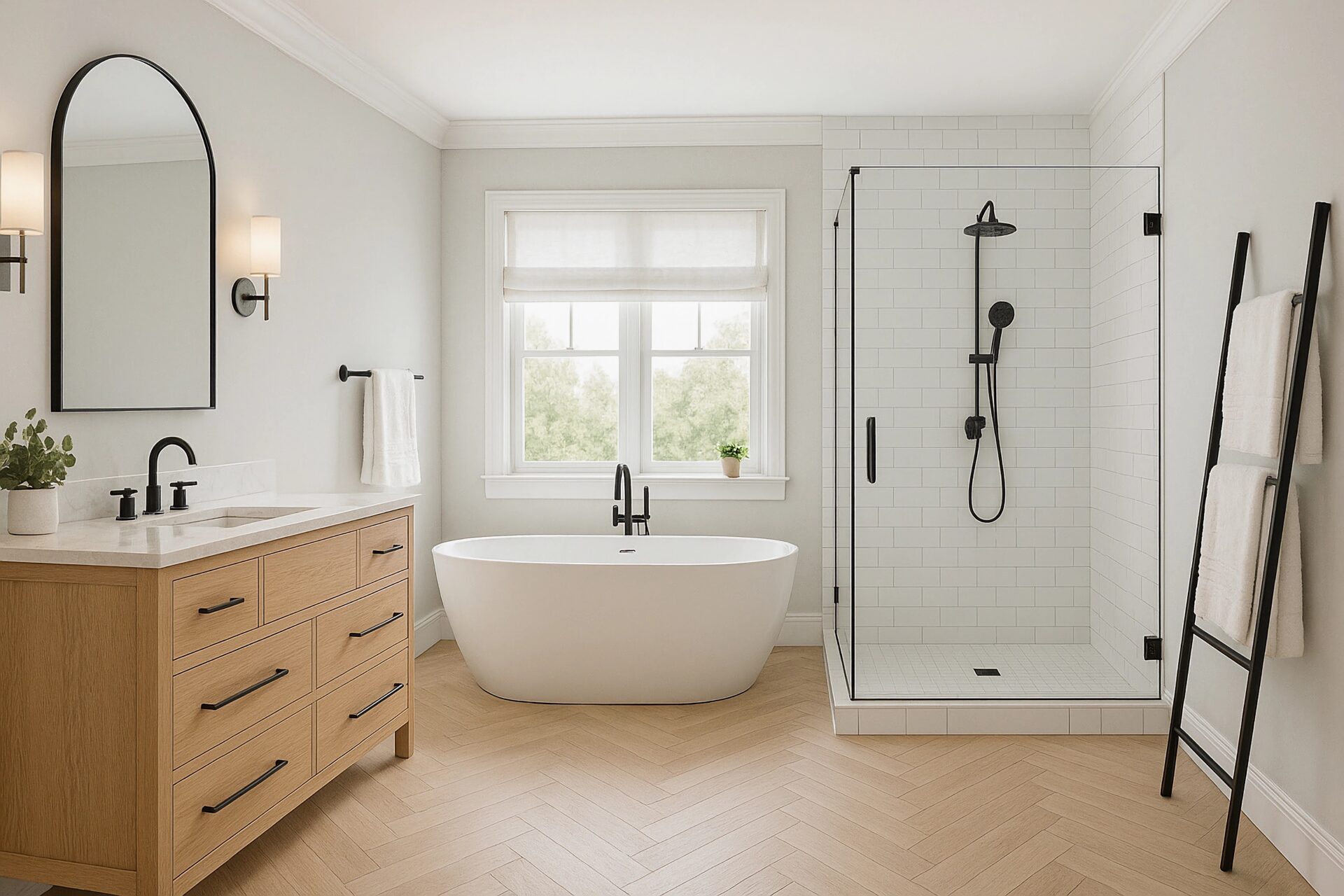 A white bathtub in a bathroom