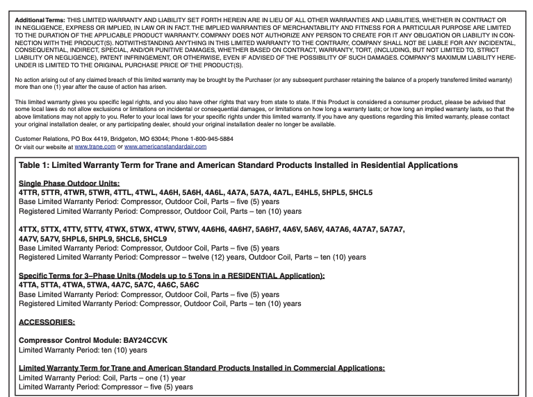 A screenshot of Trane Technology's warranty terms for it's line of HVAC products