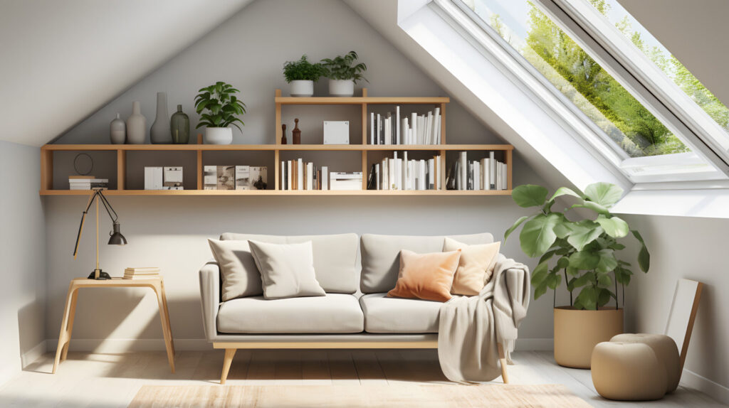 Sofa against skylight window near grey wall with wooden shelf. 