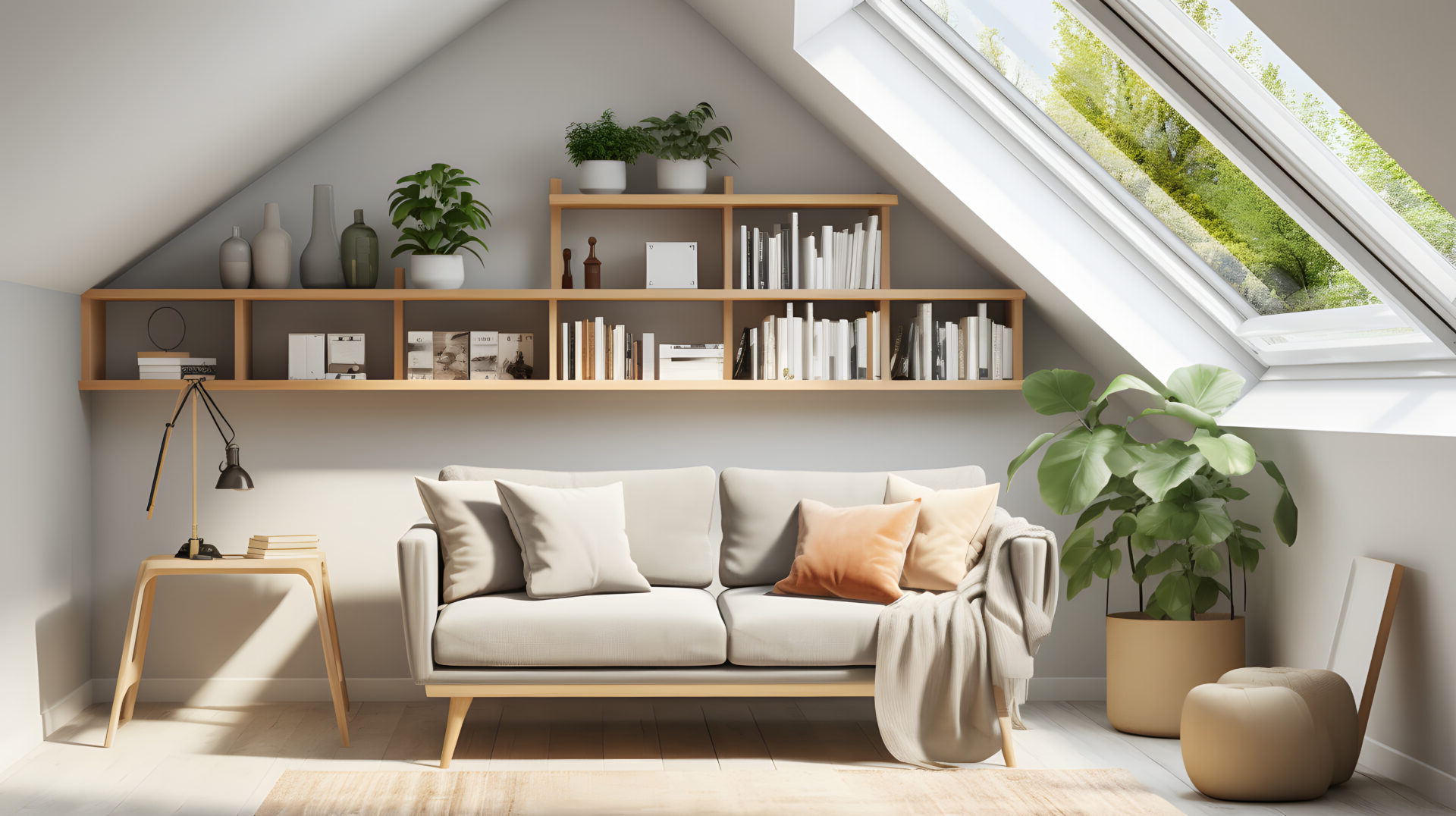 Cozy sofa against skylight window near grey wall with wooden shelf. Scandinavian interior design of modern stylish living room in attic