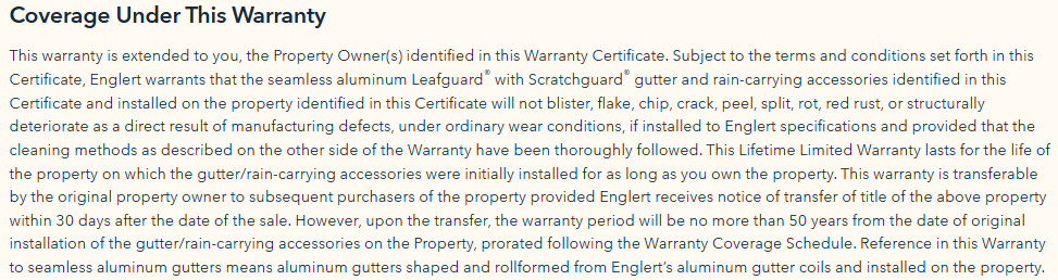 A portion of the Leafguard gutter guard warranty
