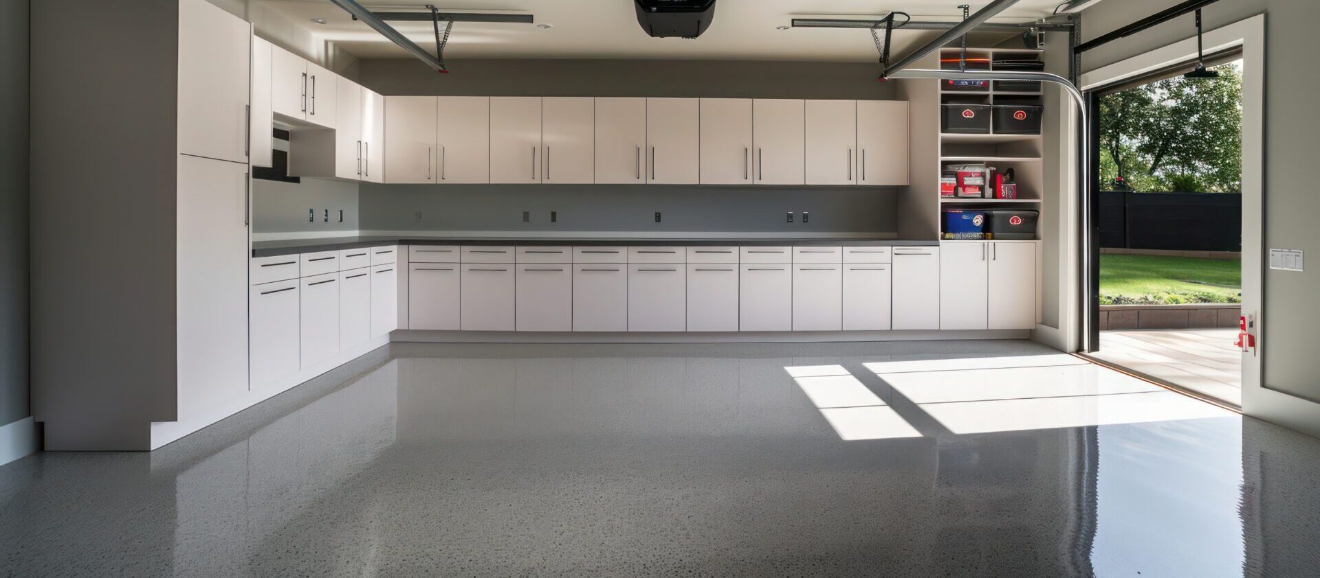 Minimalist garage with sleek cabinetry and an epoxy floor