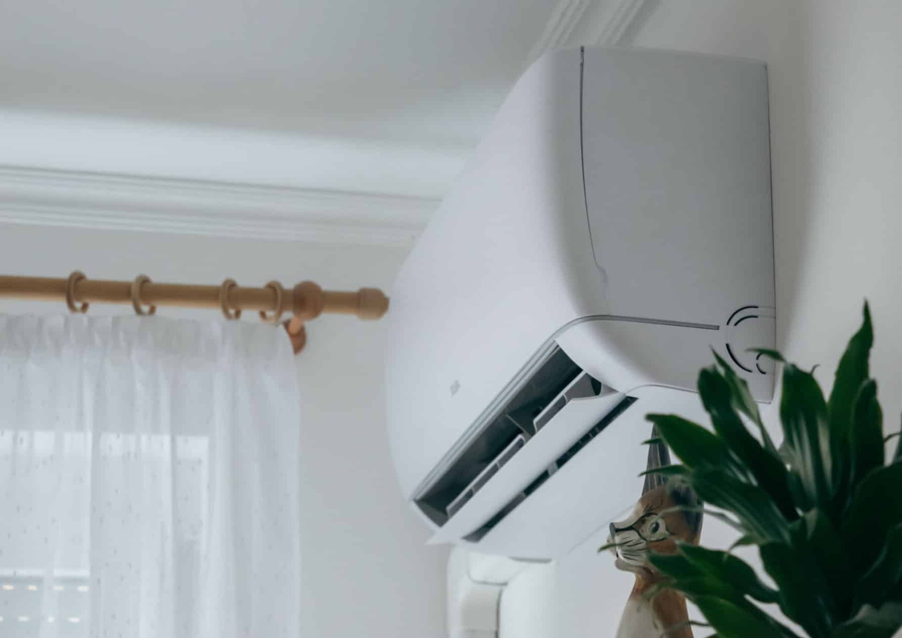 Split air conditioner on a white wall closeup