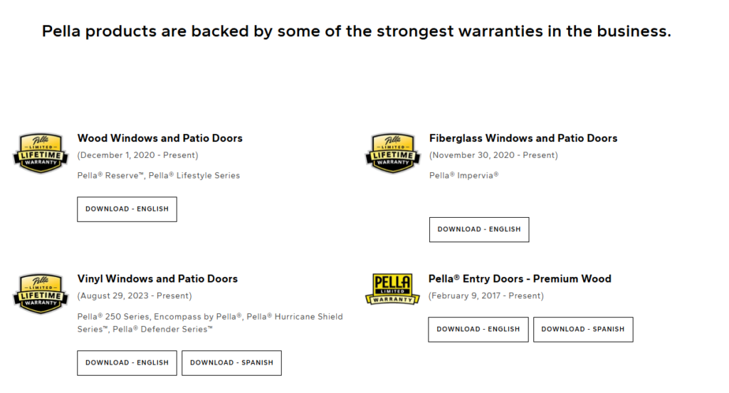 A screenshot of the Pella Windows Warranty portal.