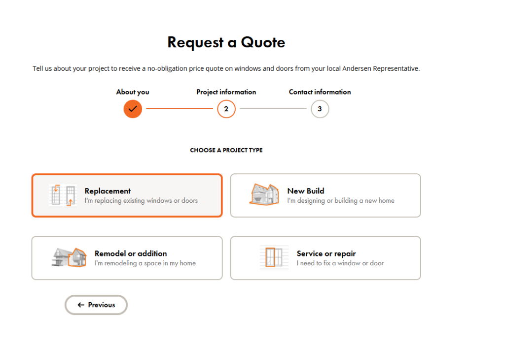 A screenshot of the Andersen Windows online quote portal.