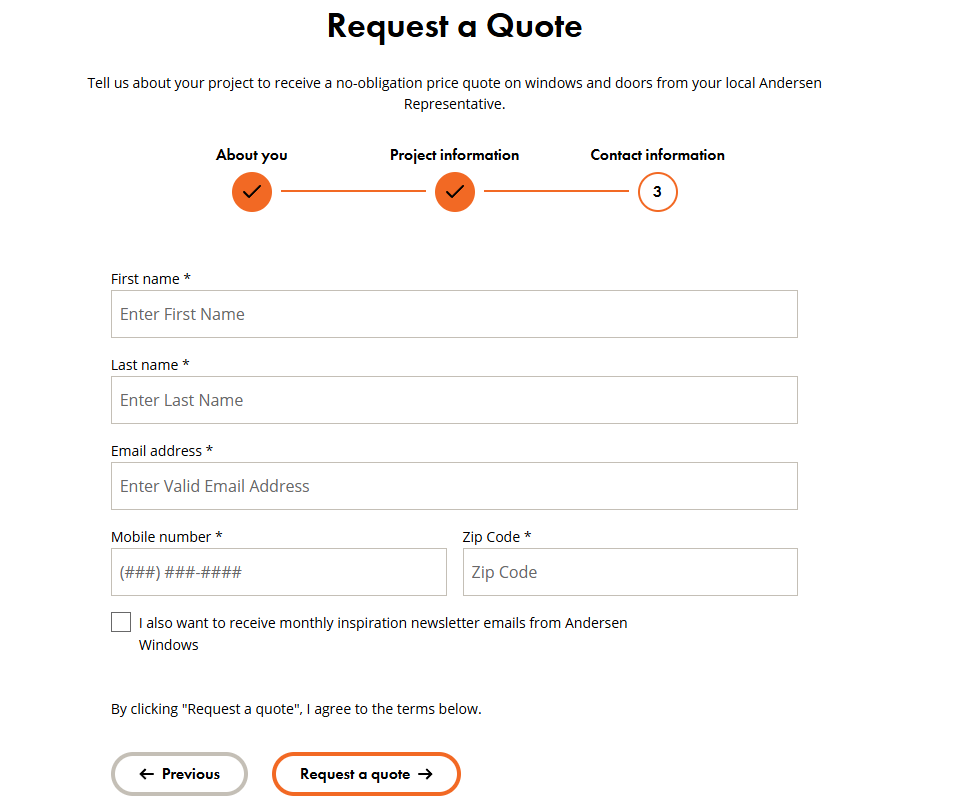 A screenshot of the Andersen Windows online quote portal.