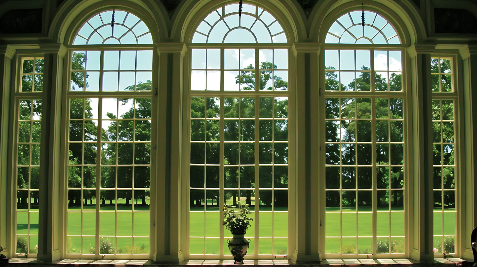 A view from inside a grand estate, looking out through elegant arched windows. The window panes offer a clear, scenic perspective of a manicured lawn, verdant trees, and expansive landscape bathed in soft sunlight, creating an atmosphere of tranquility and refinement.