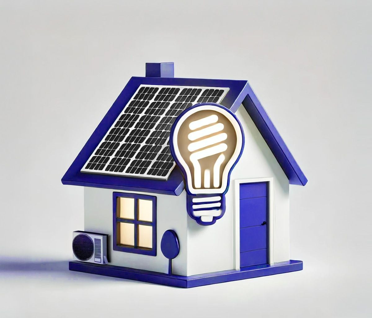 Depiction of an energy efficient home with solar panels and a light bulb to suggest that its saving energy