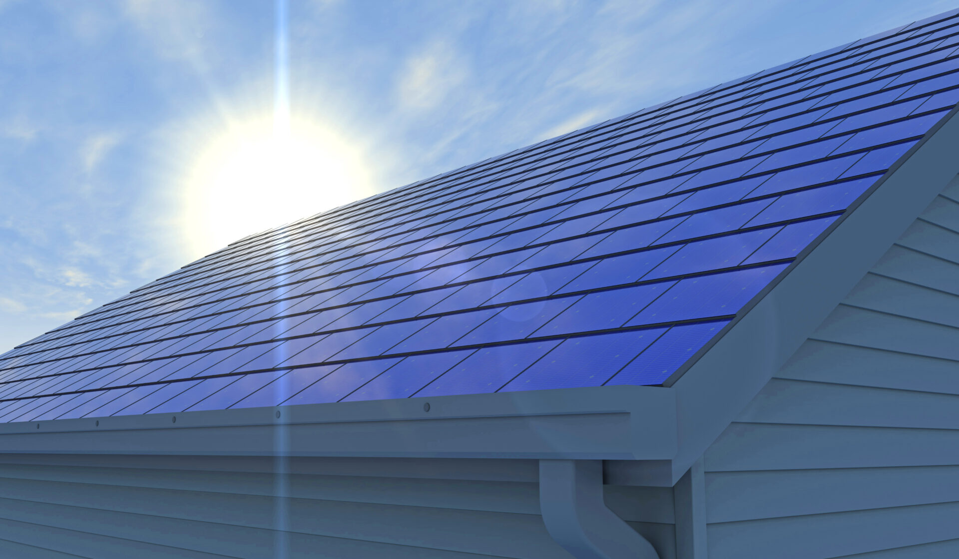 The sun shining onto a solar roof