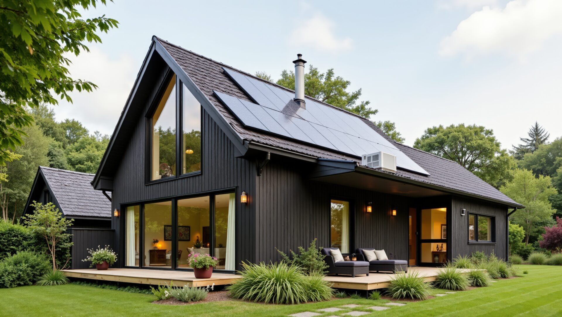 Modern eco-friendly home with solar panels and sustainable design in a lush green setting