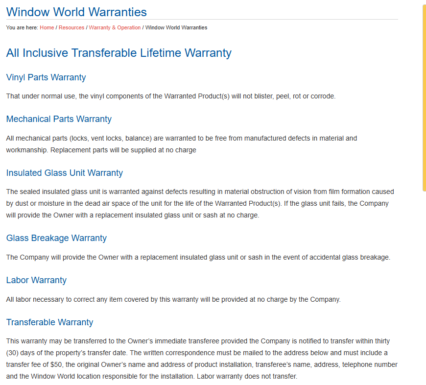A screenshot of the Window World of Phoenix warranty terms.
