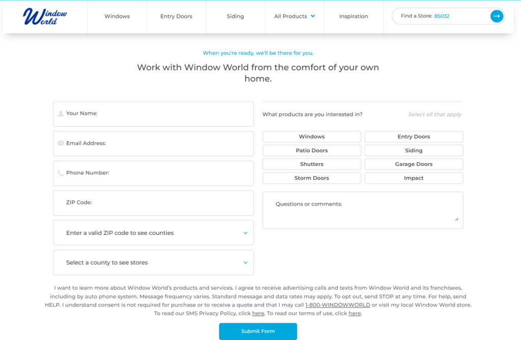 A screenshot of the Window World quote portal.