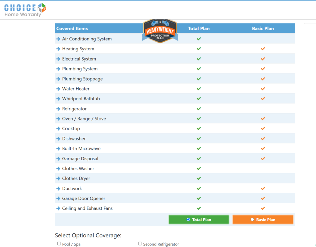 A screenshot of the Choice Home Warranty online quote tool