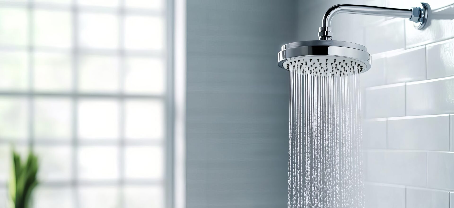Chrome showerhead on a tile bathroom wall spraying water into a tub below