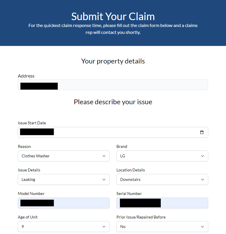 A screenshot of the Select Home Warranty online portal