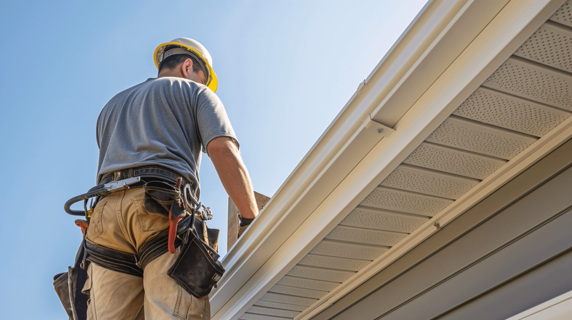 A construction worker installing a piece of fascia on the eaves of a house.