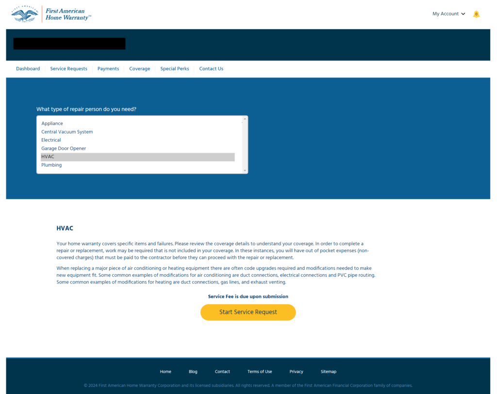 A screenshot of the First American Home Warranty online claims portal.