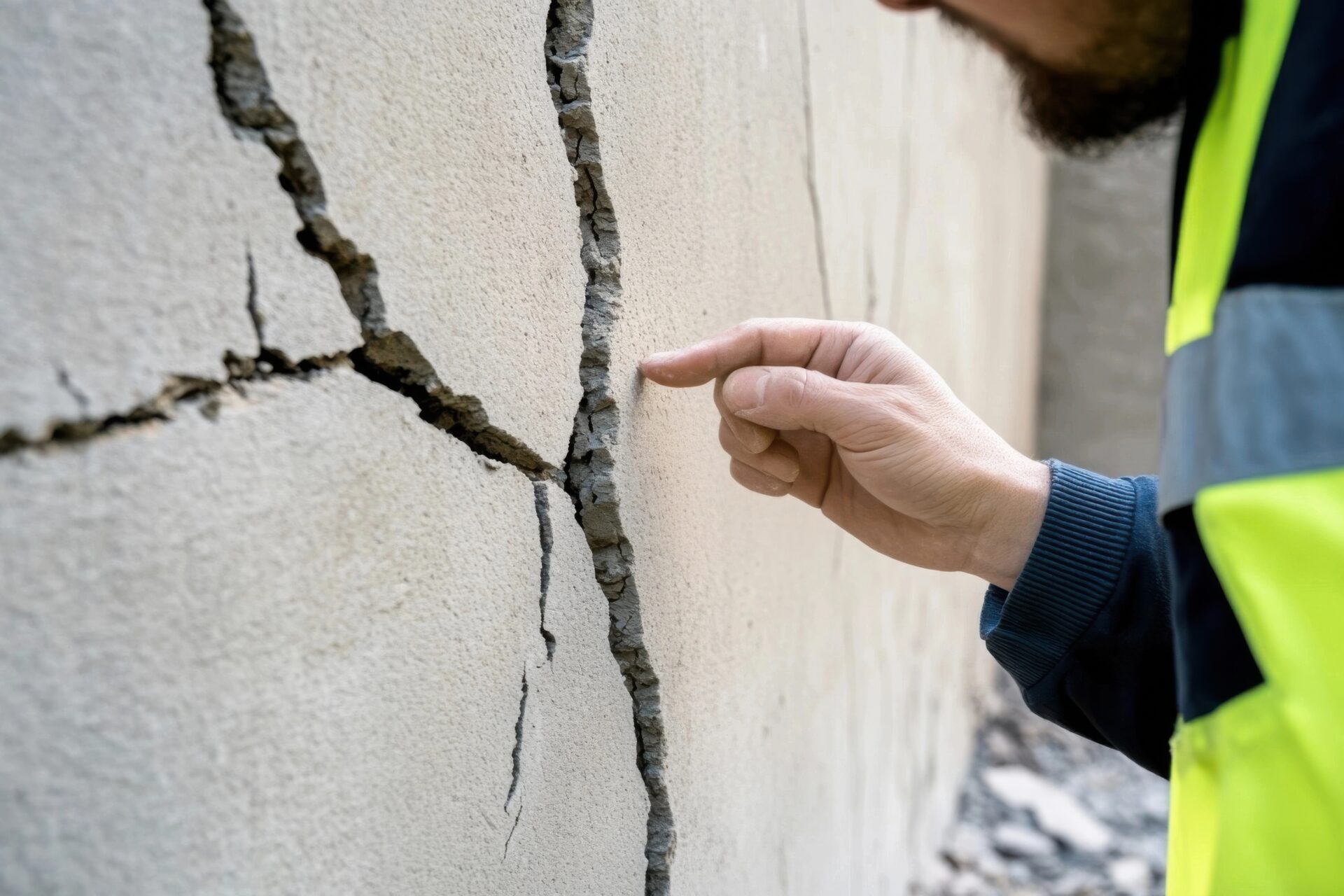A worker points at a large crack in a concrete wall, indicating structural damage needing repair.