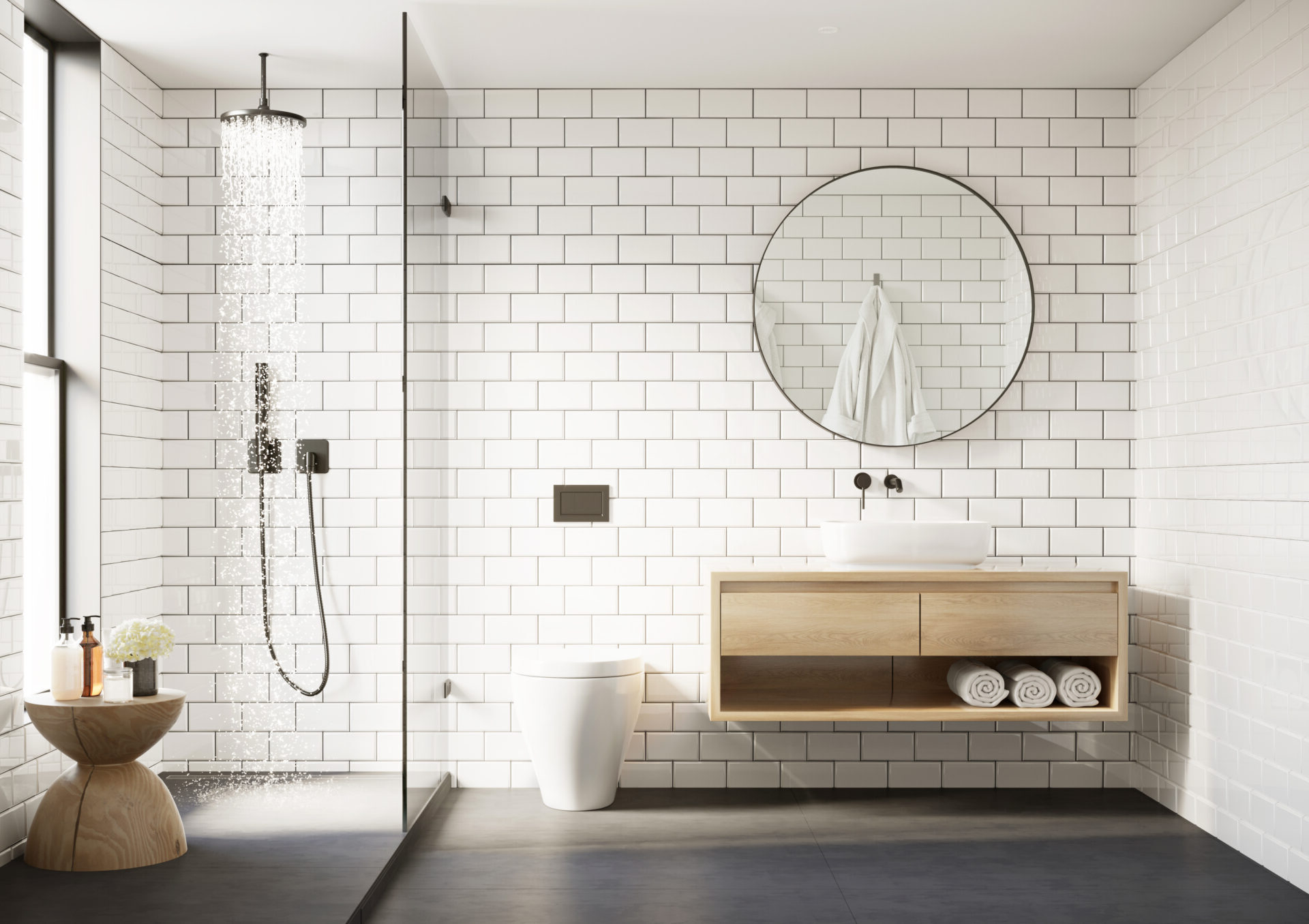 Modern bathroom with white tile walls and overhead shower