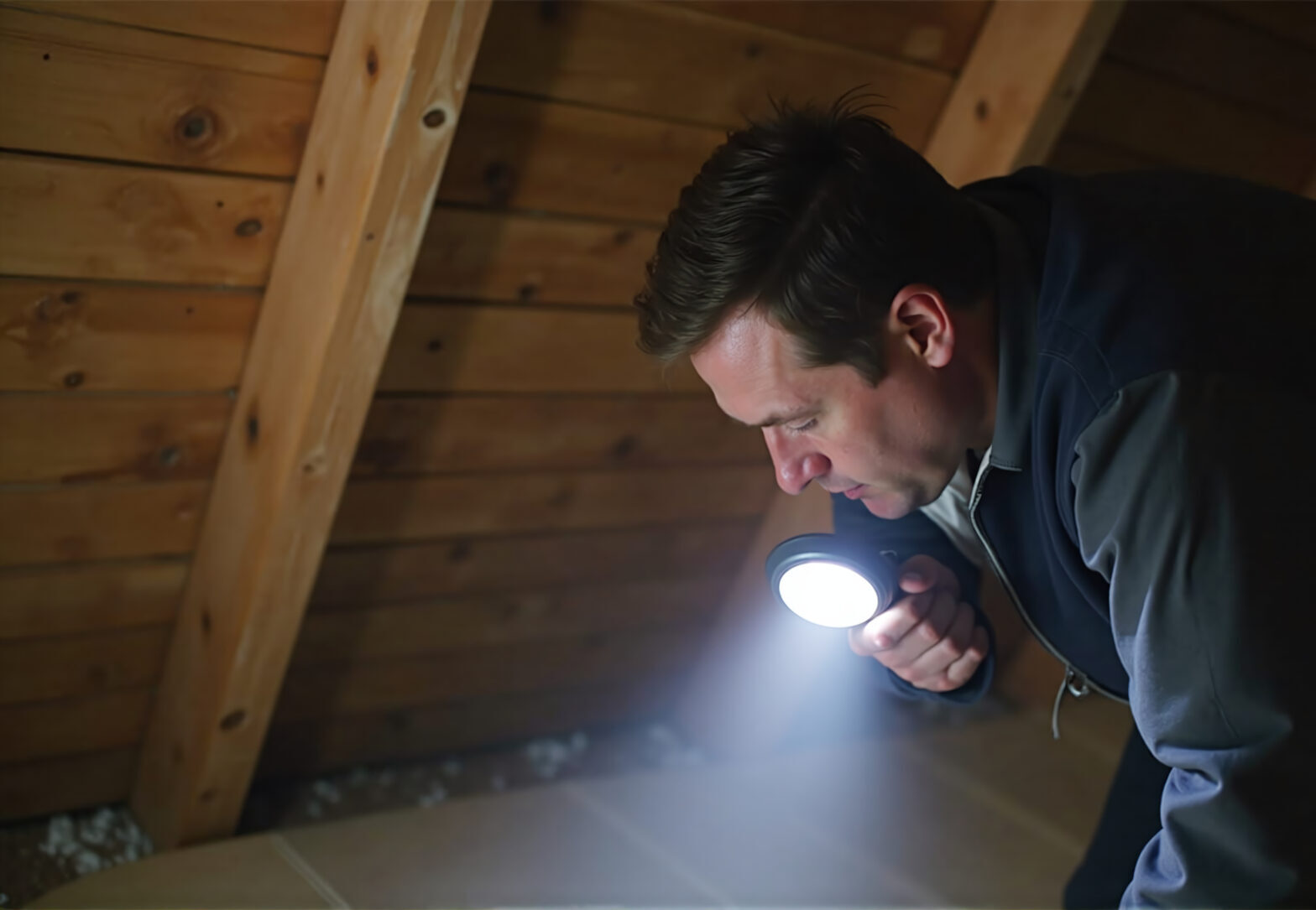 Exterminator searches for pest infestation in the dark roof