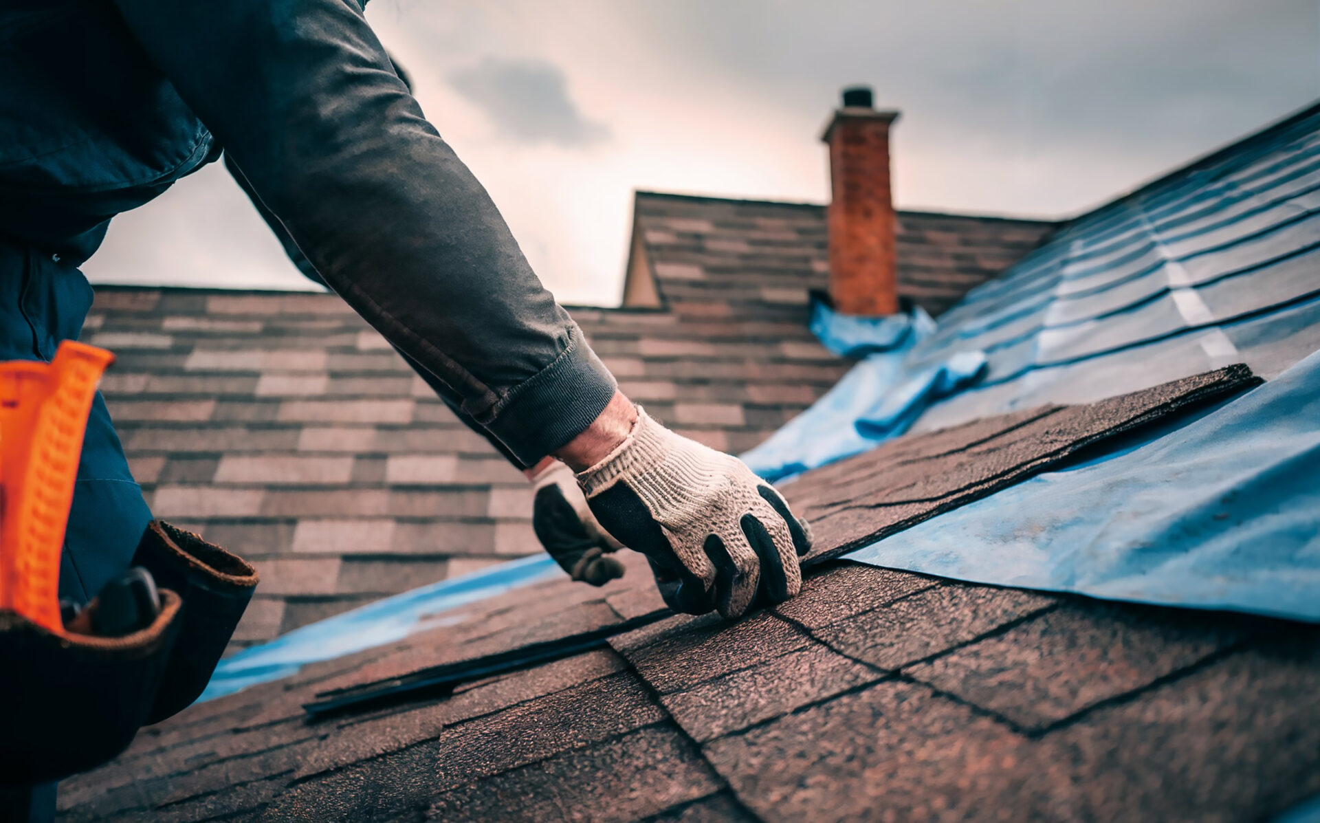 Professional roofer installing shingles on a residential roof